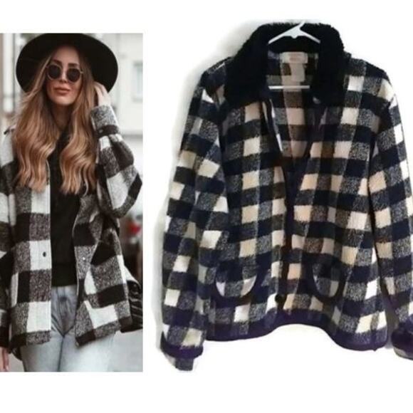 POLAND Y2K Trucker Fleece Camping Jacket Sz M BLACK WHITE Sherpa Checkered VNTG - Picture 1 of 7